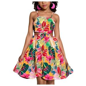 NWT Floerns Girls Tropical Floral Cutout Cami Dress Spaghetti Strap Size 11